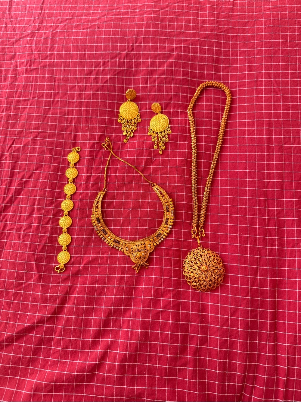 Lao Thai Cambodian Gold Jewelry Set - Necklace, Pendant, Earrings & Bracelet